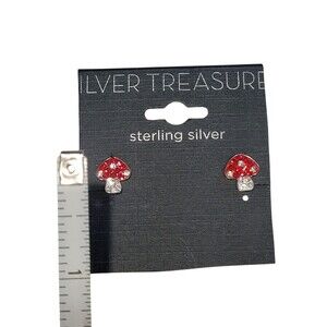 Silver Treasure Sterling Silver Earrings Mini Mushrooms Crystal Red